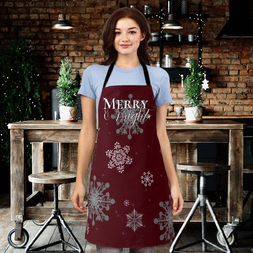 Red Merry and Bright Snowflakes Christmas Apron