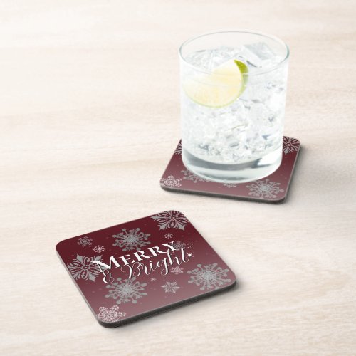 Red Merry and Bright Snowflakes Christmas Beverage Coaster