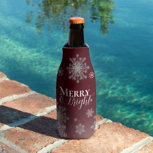 Red Merry and Bright Snowflakes Christmas Bottle Cooler