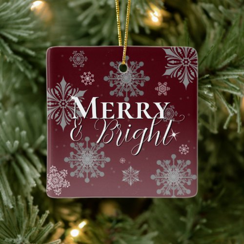 Red Merry and Bright Snowflakes Christmas Ceramic Ornament