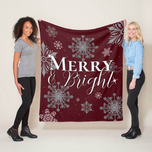 Red Merry and Bright Snowflakes Christmas Fleece Blanket