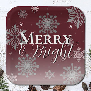 Red Merry and Bright Snowflakes Christmas Paper Plates