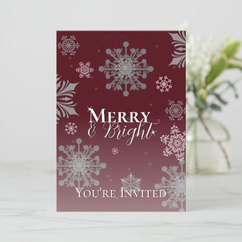 Red Merry and Bright Snowflakes Christmas Party Invitation