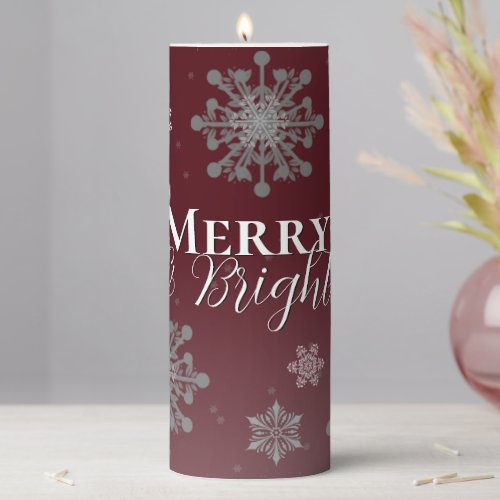 Red Merry and Bright Snowflakes Christmas Pillar Candle