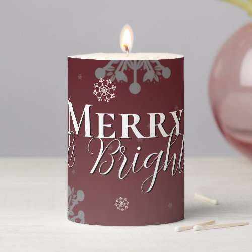 Red Merry and Bright Snowflakes Christmas Pillar Candle