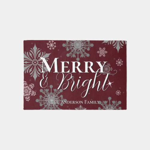 Red Merry and Bright Snowflakes Christmas Rug