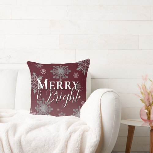 Red Merry and Bright Snowflakes Christmas Throw Pillow