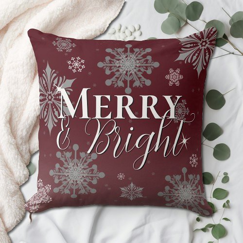 Red Merry and Bright Snowflakes Christmas Throw Pillow