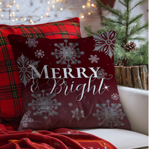 Red Merry and Bright Snowflakes Christmas Throw Pillow