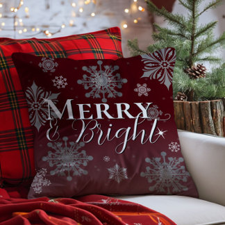 Red Merry and Bright Snowflakes Christmas Throw Pillow