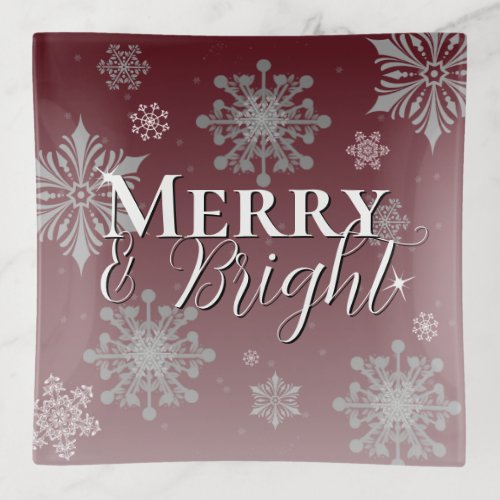 Red Merry and Bright Snowflakes Christmas Trinket Tray