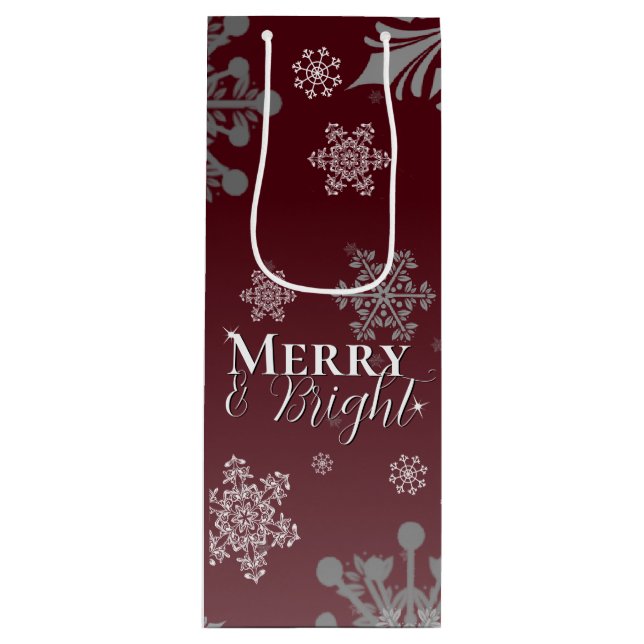 Red Merry and Bright Snowflakes Christmas Wine Gift Bag (Front)