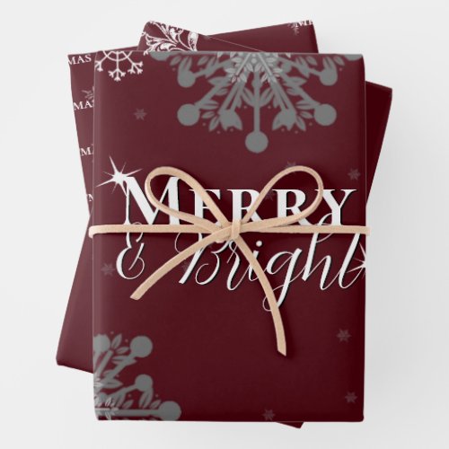 Red Merry and Bright Snowflakes Christmas Wrapping Paper Sheets