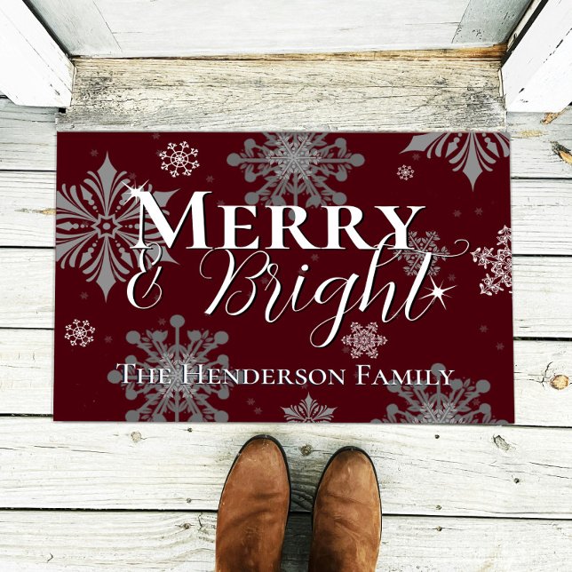 Red Merry and Bright Snowflakes Personalized Doormat (Red Merry and Bright Snowflakes Christmas Personalized Doormat)