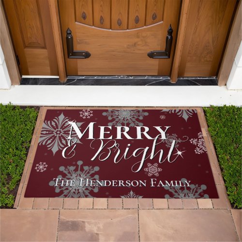 Red Merry and Bright Snowflakes Personalized Doormat