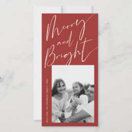 Red Merry and Bright Trendy Script One Photo Holiday Card