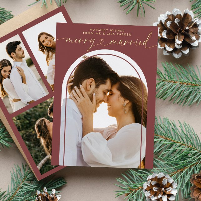 Red Merry and Married Heart Script Christmas Photo Foil Holiday Card (Creator Uploaded)