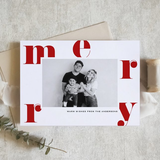 Red MERRY Bold Typography Modern Photo Christmas Holiday Card (Creator Uploaded)