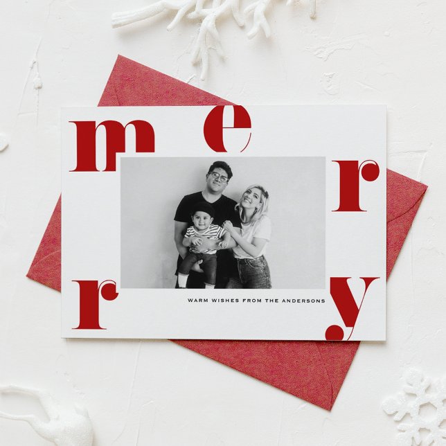 Red MERRY Bold Typography Modern Photo Christmas Holiday Card (Creator Uploaded)