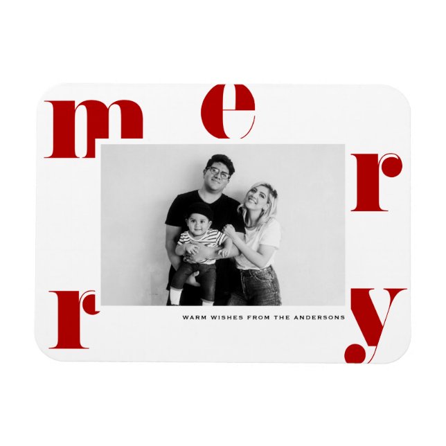 Red MERRY Bold Typography Modern Photo Christmas Magnet (Horizontal)