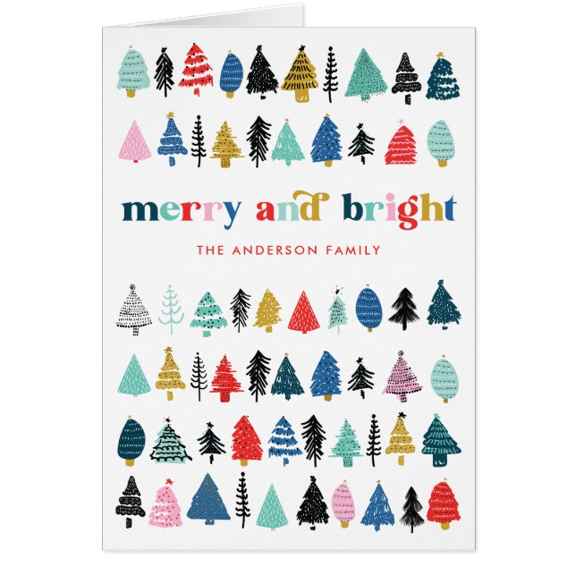 Red Merry & Bright Colorful Trees Holiday Card (Front)