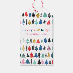 Red Merry & Bright Colorful Trees Holiday Gift Tag
