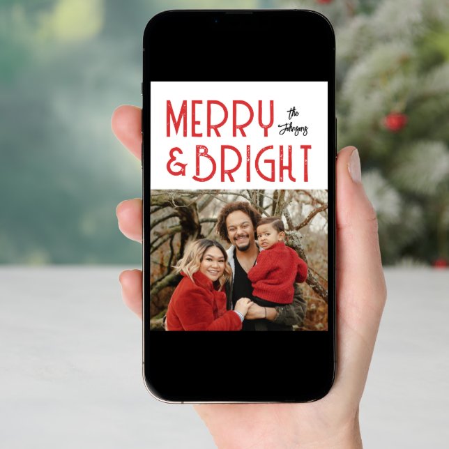 Red Merry & Bright Retro Typography Photo Holiday Card (Front Digital)