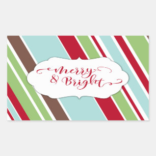 Red Merry & Bright Typography w/ Diagonal Stripes Rectangular Sticker