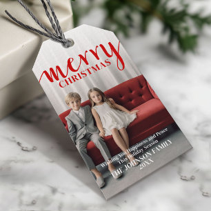 Red Merry Calligraphy - vertical Photo white type Gift Tags