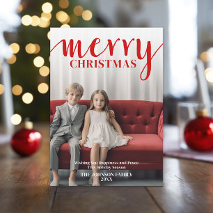 Red Merry Calligraphy - vertical Photo white type Holiday Card