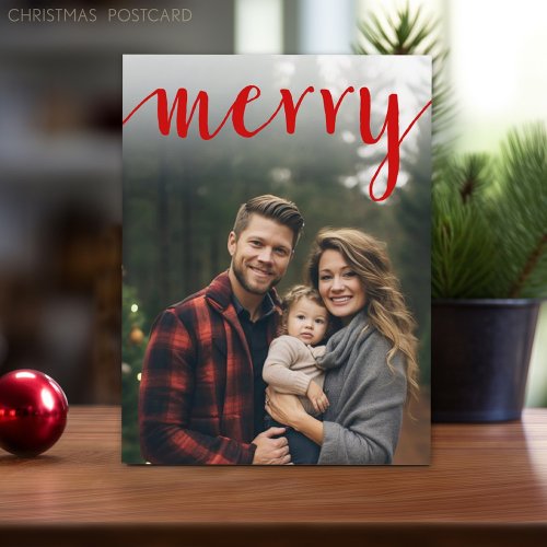 Red Merry Calligraphy _ vertical Photo white type Holiday Postcard