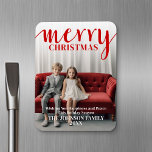 Red Merry Calligraphy - vertical Photo white type Magnet<br><div class="desc">Full coverage photo with a red overlay - Use a vertical photo to make a unique and trendy Merry Christmas greeting. This design has an abstract feel to it with painted elements and a handwritten font. If you need to move anything around, click on the customize button to make changes....</div>