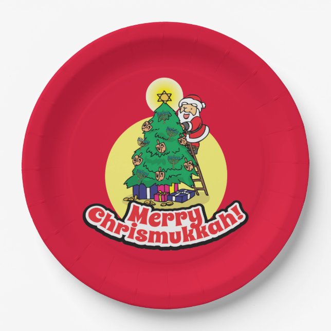 Red Merry Chrismukkah with Santa Paper Plates (Front)