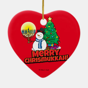 Red Merry Chrismukkah with Snowman and Menorah Ceramic Ornament