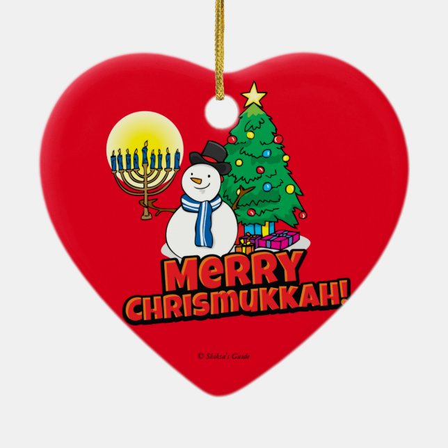 Red Merry Chrismukkah with Snowman and Menorah Ceramic Ornament (Back)
