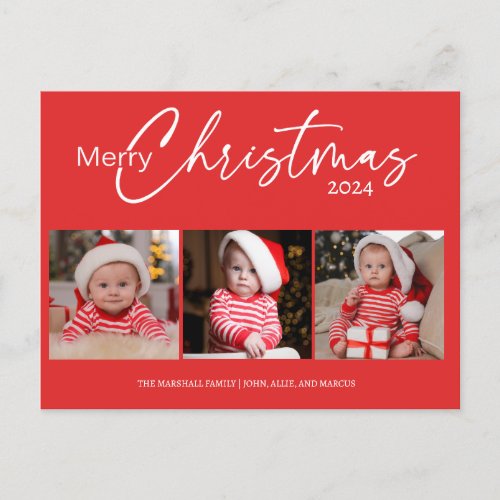 Red Merry Christmas 2024 Photo Collage Typography  Holiday Postcard