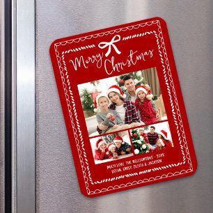 Red Merry Christmas 3 Photo Hand Drawn Doodles Fun Magnet