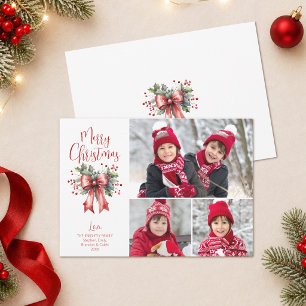 Red Merry Christmas 3 Photos Script Holly Bow Holiday Card
