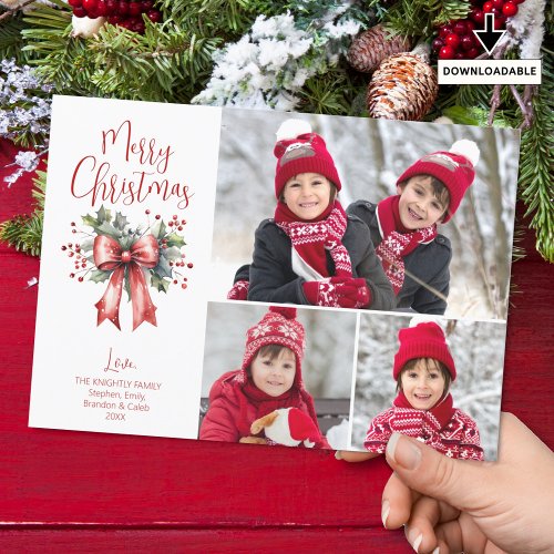 Red Merry Christmas 3 Photos Script Holly Bow Holiday Card