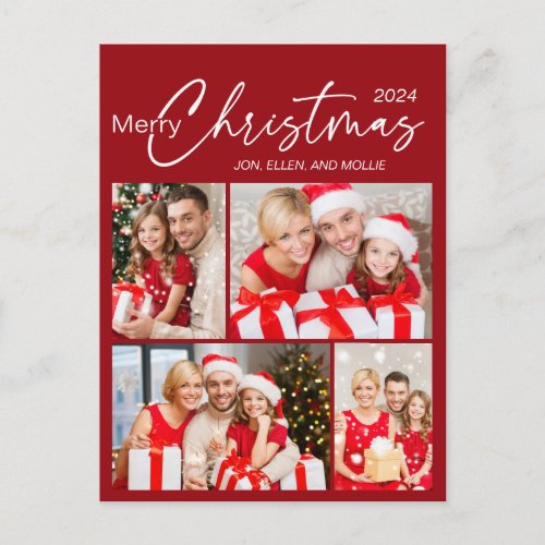 Red Merry Christmas 4 Photo Holiday Postcard