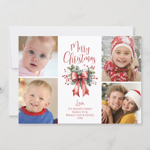 Red Merry Christmas 4 Photo Script Bow Holly Holiday Card