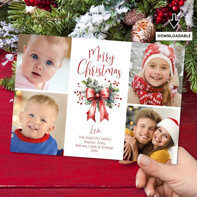 Red Merry Christmas 4 Photo Script Bow Holly Holiday Card (Creator Uploaded)