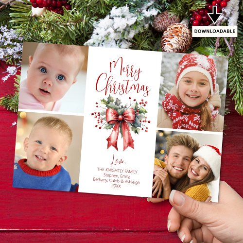 Red Merry Christmas 4 Photo Script Bow Holly Holiday Card