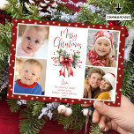 Red Merry Christmas 4 Photo Script Bow Lights Holiday Card<br><div class="desc">Send MERRY CHRISTMAS greetings this holiday season with a photo greeting card featuring 4 pictures and modern red calligraphy script typography for the greeting accented with a watercolor red bow and holly with a red border and white holiday lights. ASSISTANCE: For help with design modification or personalization, resizing, transferring the...</div>