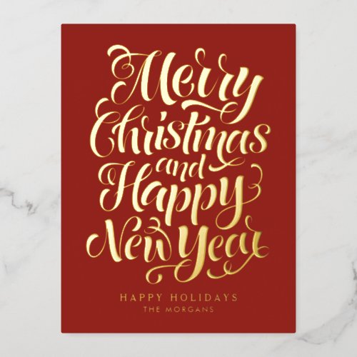 Red Merry Christmas and Happy New Year Foil Holiday Postcard