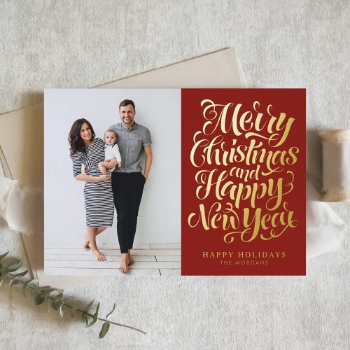 Red Merry Christmas and Happy New Year Photo Foil Holiday Card