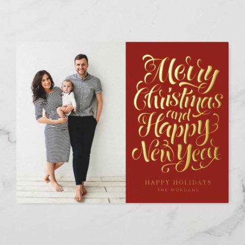 Red Merry Christmas and Happy New Year Photo Foil Holiday Postcard