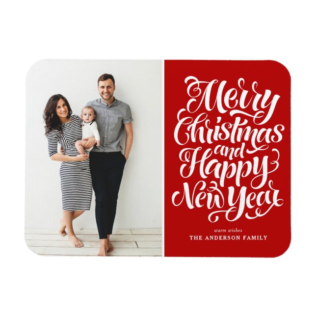 Red Merry Christmas and Happy New Year Photo Magnet (Horizontal)