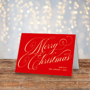 Red Merry Christmas and Photo Calligraphy Gold Foil Holiday Card