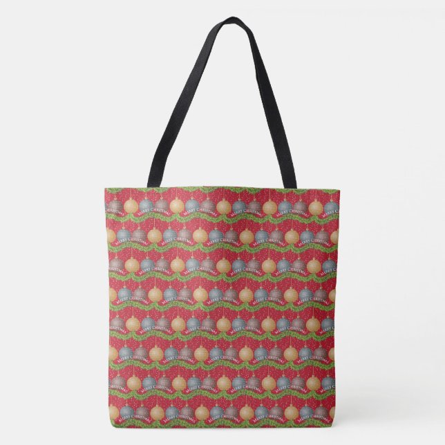 RED Merry Christmas ball ornaments pattern Tote Bag (Front)